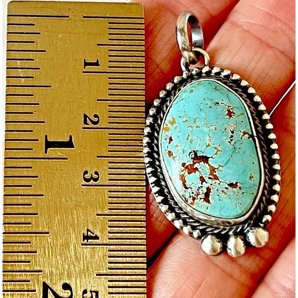 Navajo Natural Turquoise Pendant 1.75 in Signed A Oval Sterling Matte Patina‎